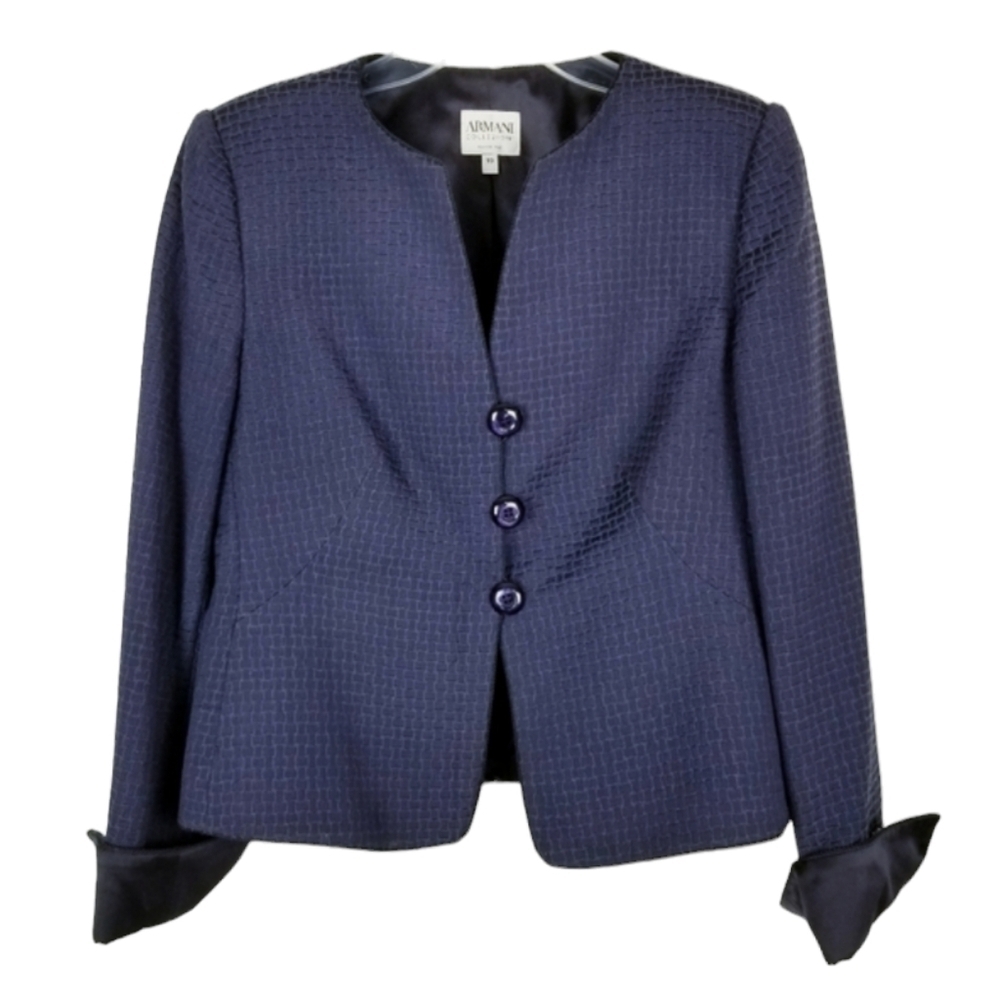 ARMANI COLLEZIONI Womens Purple Blazer Evening Jacket Size 10 Collarless Button